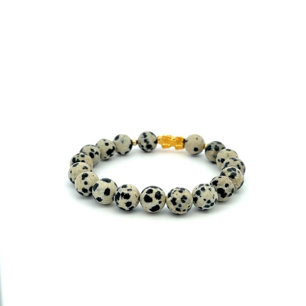 18K Gold Dragon Pixiu Piyao Lucky Bracelet Beads Gemstone Dalmatian Jasper 8mm - Picture 6 of 8